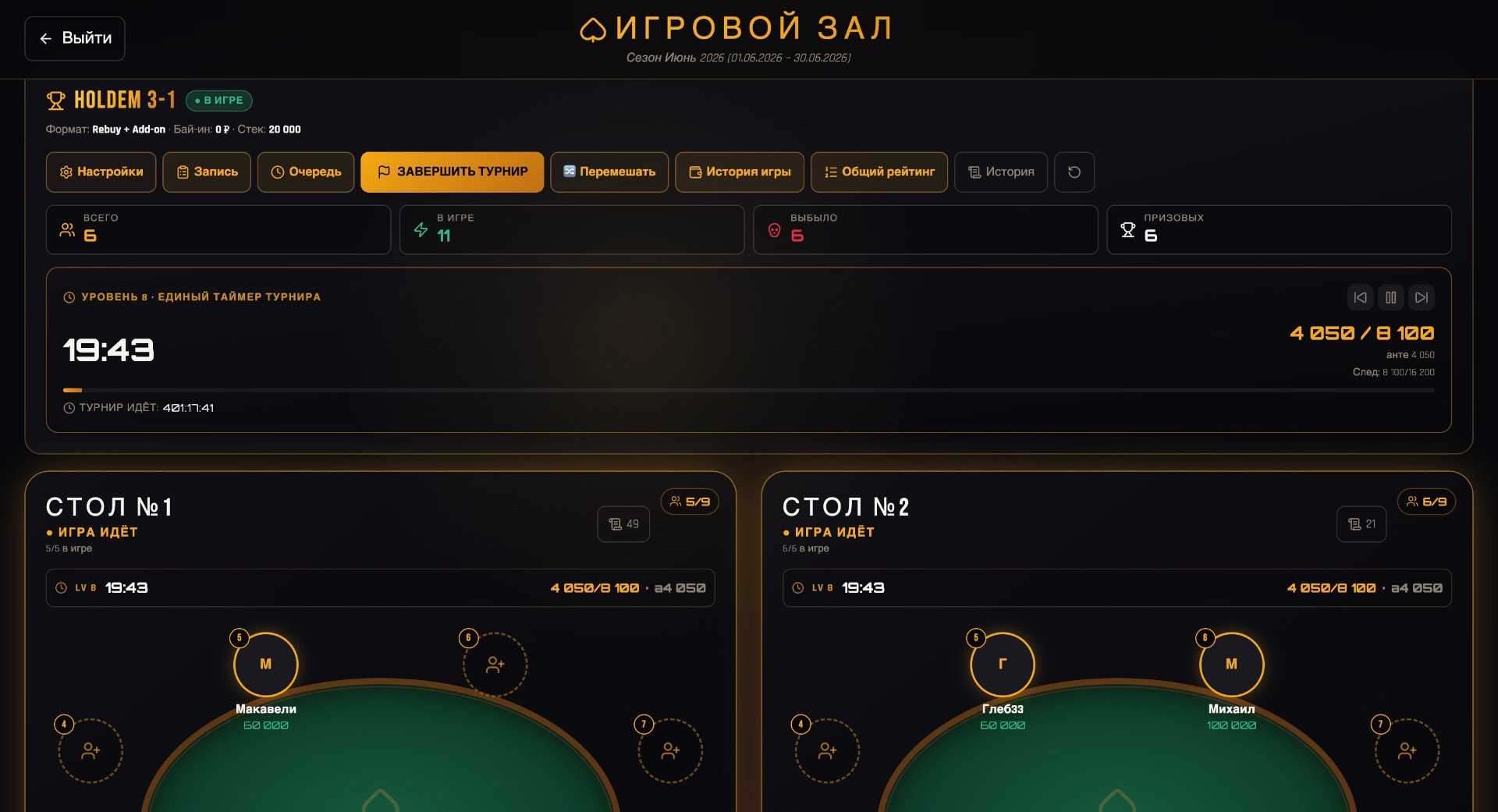Панель управления турнирами и столами спортивного покерного клуба